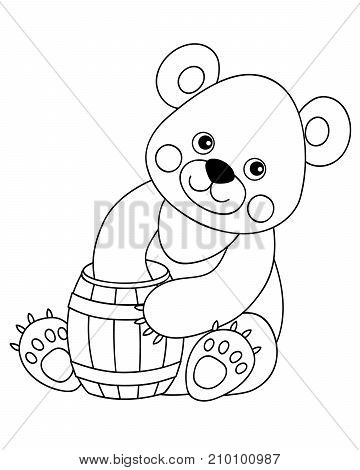 Vector black and white cute cartoon bear with barrel of honey. Vector bear cub. Bear vector illustration