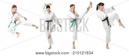 Collage with young people practising karate on white background