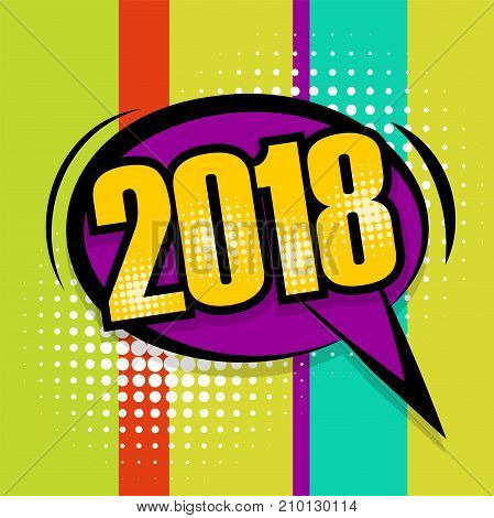 Party banner invitation. Wow colored vector illustration dotted halftone background. Funny chat space design. Pop art comic text 2018 speech bubble. Explosion new year comics book style label.