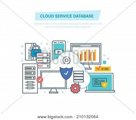 Cloud service database. Computing, network. Data storage device, media server, database security, backups, archives, file storage hosting, media. Illustration thin line design of vector doodles