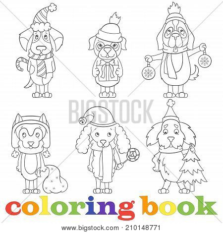 Contour set of illustrations with funny cartoon dogs on the topic of new year and Christmas book coloringa dark outline on a light background