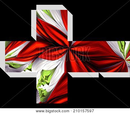 Packaging cube mock up design with red flower fractal illustration embellishment