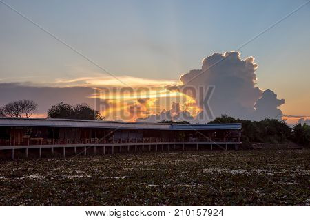 Lotus marsh and wood boat with sky background at Banglane Nakorn pathum Thailand.