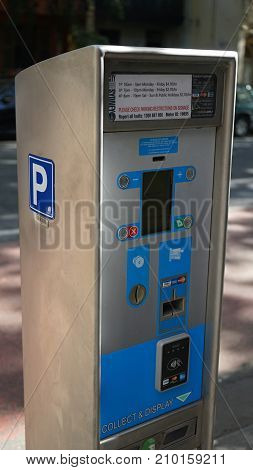 Sydney Australia - October 17 2017: Close-up of parking pay and display ticket machine paying by card or cash on Albion street property of City of Sydney council