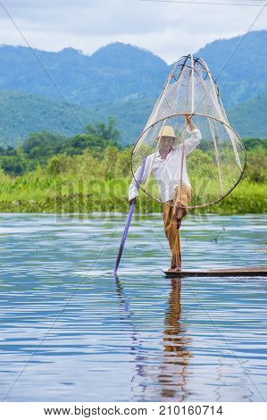 INLE LAKE MYANMAR - SEP 07 : Burmese fisherman at Inle lake Myanmar on September 07 2017 inle Lake is a freshwater lake located in Shan state