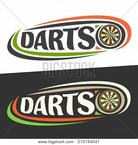 Vector logo for Darts game, arrow in bullseye on board and handwritten word - darts on black, curved lines around original typography for text - darts on white background, sports drawn decoration.