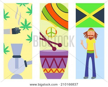 Rastafarian cannabis peace ganja icons set in flat style. Marijuana smoking equipment rasta collection vector illustration. Medicine narcotic symbols plant rastaman design.