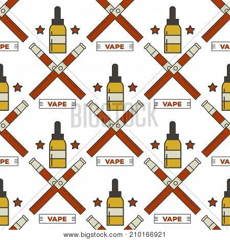 Vape device vector seamless pattern cigarette vaporizer vapor juice vape bottle flavor illustration battery coil. Trend new culture electronic nicotine liquid. Smoking atomizer device e-liquid.
