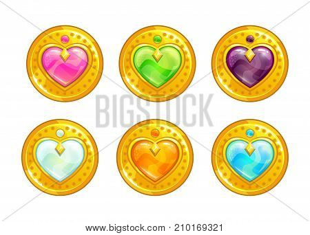 Cartoon golden decorative coins with colorful crystal hearts. Love amulet concept. Vector icons set.