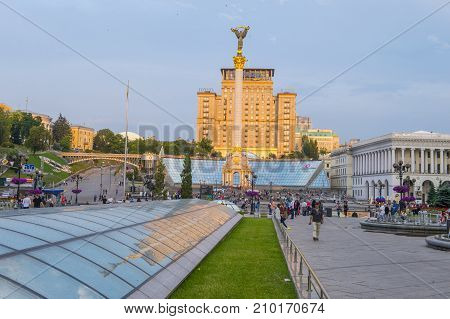 KIEV UKRAINE - JUNE 05 : The Maidan Nezalezhnosti in Kiev Ukraine on 05 June 2017 it is one of the city's main squares located on Khreshchatyk Street