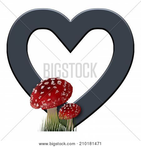 3D render of heart symbol embellished with red toadstools