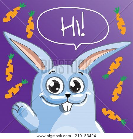 Vector illustration of cute cartoon hapy fun rabbit. Greeting card, postcard. Hi
