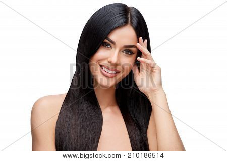 Beautiful Face of Young Woman with Clean healthy hair close up isolated on white. Beauty Portrait. Beautiful Spa Woman. Perfect Fresh Skin. Pure Beauty Model. Youth and Skin Care Concept