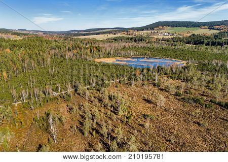 Aerial view on Chalupska moor in autumn Sumava National Park Czech Republic.