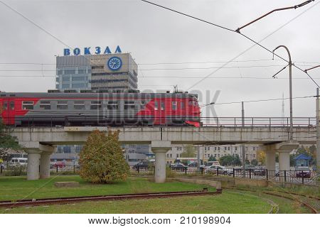 Rostov-on-DonRussia - October 212017: Main railway station.The train is moving. Passengers and auto are nearby