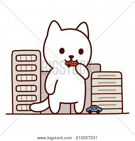 Giant monster cat destroying city Japanese anime genre. Cute and funny cartoon vector illustration.