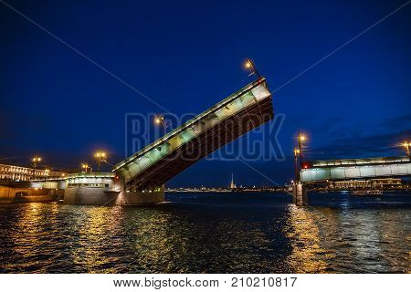 Drawbridge in Saint-Petersburg, Neva river, white nights in St. Petersburg, Russia