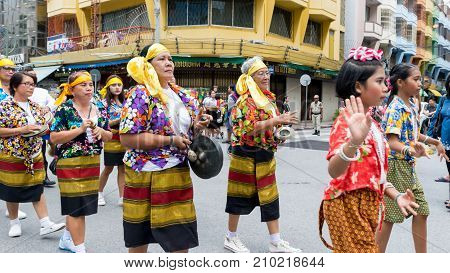 Hat Yai Songkhla Thailand. April 11 2017 : April 11 2017: Midnight Songkran Festival in Hat Yai Songkhla Thailand Unidentified peoples will wear bright clothes in the Songkran Festival parade.