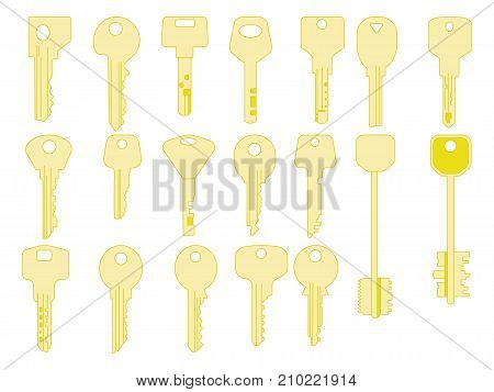 Keys icons set, isolated. Closing and opening doors. Gold keys signs and symbols collection.