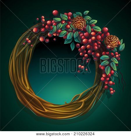Vector cartoon illustration wreath of vines and leaves on a green background with ash berry and cedar cones