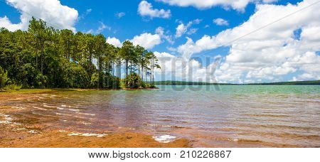 Mare aux Vacoas - is the largest water reservoir in Mauritius island. Landscape view from the west shore.
