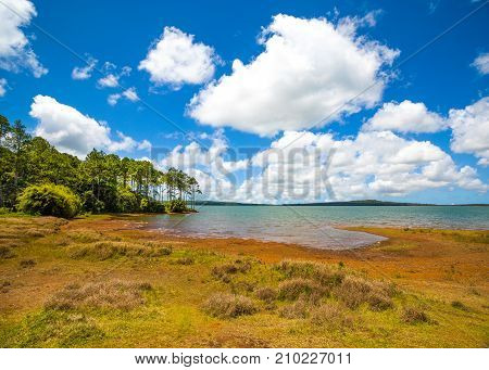 Mare aux Vacoas - is the largest water reservoir in Mauritius island. Landscape view from the west shore.