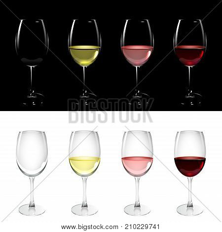 wineglass with white pink and red wine on black and white background
