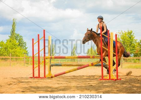 Taking care of animals horsemanship western competitions concept. Jockey young girl doing horse jumping through hurdle on sunny day
