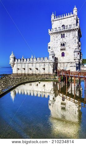 Belem Tower Torre de Belem Portuguese Symbol of Exploration Lisbon Portugal. Belem Tower was constructed in early 1500s on Tagus River and last point Portguese explorers saw when left Lisbon.