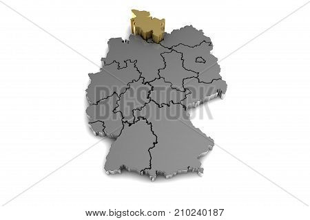 metal germany map, with schleswig-holstein region, highlighted in gold.3d render