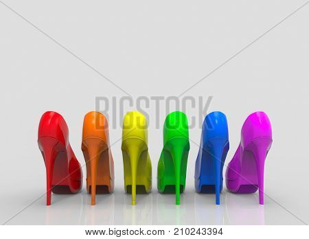 3d rendering. pair of different color highheels in LGBT concept on gray background