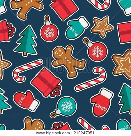 Seamless pattern of Christmas and New Year symbols patches. Gingerbread man, candy, gift, ball christmas tree, gloves stickers pattern on blue background. Vector illustration