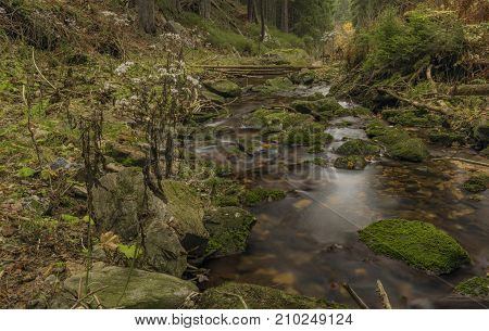 Javori Waterfall On Javori Creek In Krkonose Mountains National Park