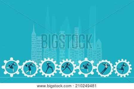 Business people running inside of gears. Modern competitive lifestyle in the City. Concept illustration
