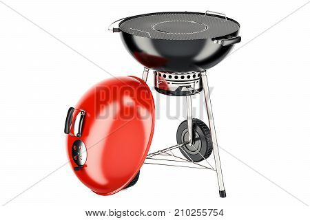 Opened red barbecue grill 3D rendering isolated on white background