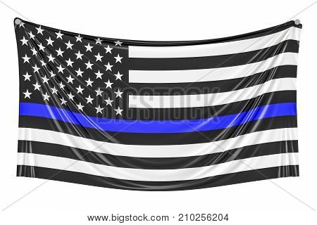 Thin Blue Line. Black Flag of USA with Police Blue Line hanging on the wall 3D rendering