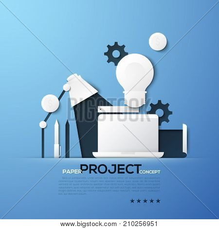 Project paper concept. Laptop, table lamp, light bulb, gear wheels, dollar coins, ruler, pen and pencil. Creative elements in minimal style. Vector illustration for website banner, advertisement.