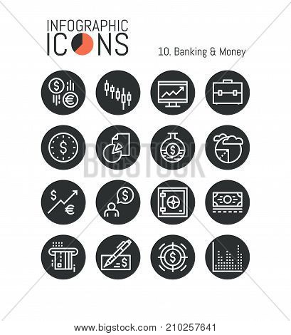 Set of unique thin line icons, banking and money: investment, stock exchange rates, market trading, broker service, currencies. Vector illustration for website, brochure, mobile application, report.