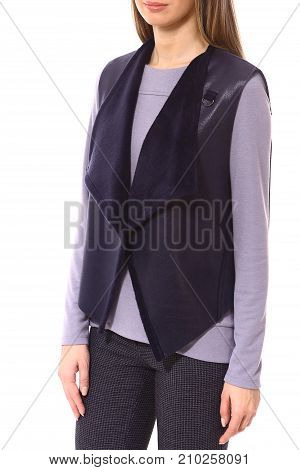 Lether Blue Vest On Model Close Up Photo