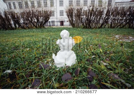 Snowman grass with yellow leaf. Funny wide angle picture. Winter is coming concept.
