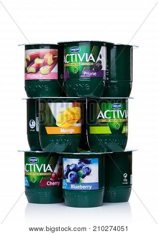 London, Uk - October 20, 2017: Packs Of Activia Yogurt Different Taste On White. Activia Is A Brand