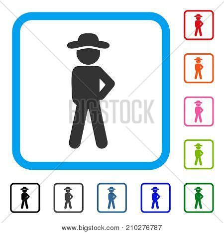 Gentleman Audacity icon. Flat gray iconic symbol inside a light blue rounded rectangular frame. Black, gray, green, blue, red, orange color versions of Gentleman Audacity vector.
