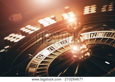 Spinning Roulette Wheel. Las Vegas Roulette Game. Wheel and Chips.