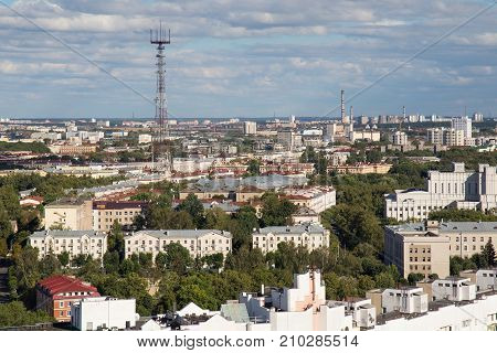 MINSK, BELARUS - AUGUST 15, 2016: Aerial view of the southeastern part of Minsk with old soviet buildings and the Minsk TV Tower (was built in 1956). Minsk is the capital and largest city of Belarus.