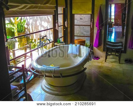 Jimbaran, Bali, Indonesia - April 14, 2014: View of the room at Four Seasons Resort Bali at Jimbaran Bay