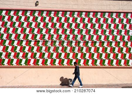 January 17 2016 Saltillo Mexico: a man walks by a large mosaic of national colours in the historic downtown