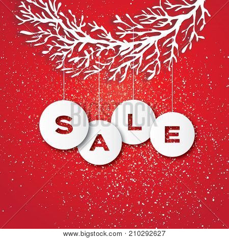 Christmas Sale for Promotion. Discount. Paper cut Baubles, Carve tree branch. Sale text in baubbles. Happy New Year. Blue. light red background. Vector Illustration