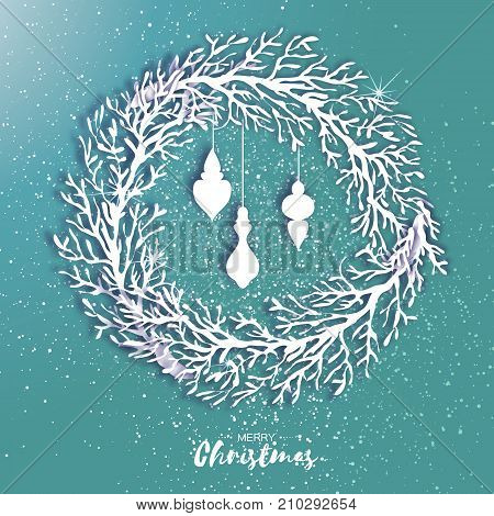 3D Origami Christmas Wreath with garland Baubbles. Paper cut tree branch. Happy New Year. Winter snowflakes. Circle carving frame. Text. Blue background. Vector illustration.