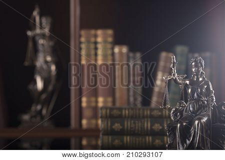 Justice concept.  Lady justice. Books. Court library.