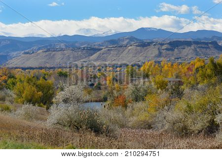 Front Range Colorado landscape looking at Rocky Mountains and mesas